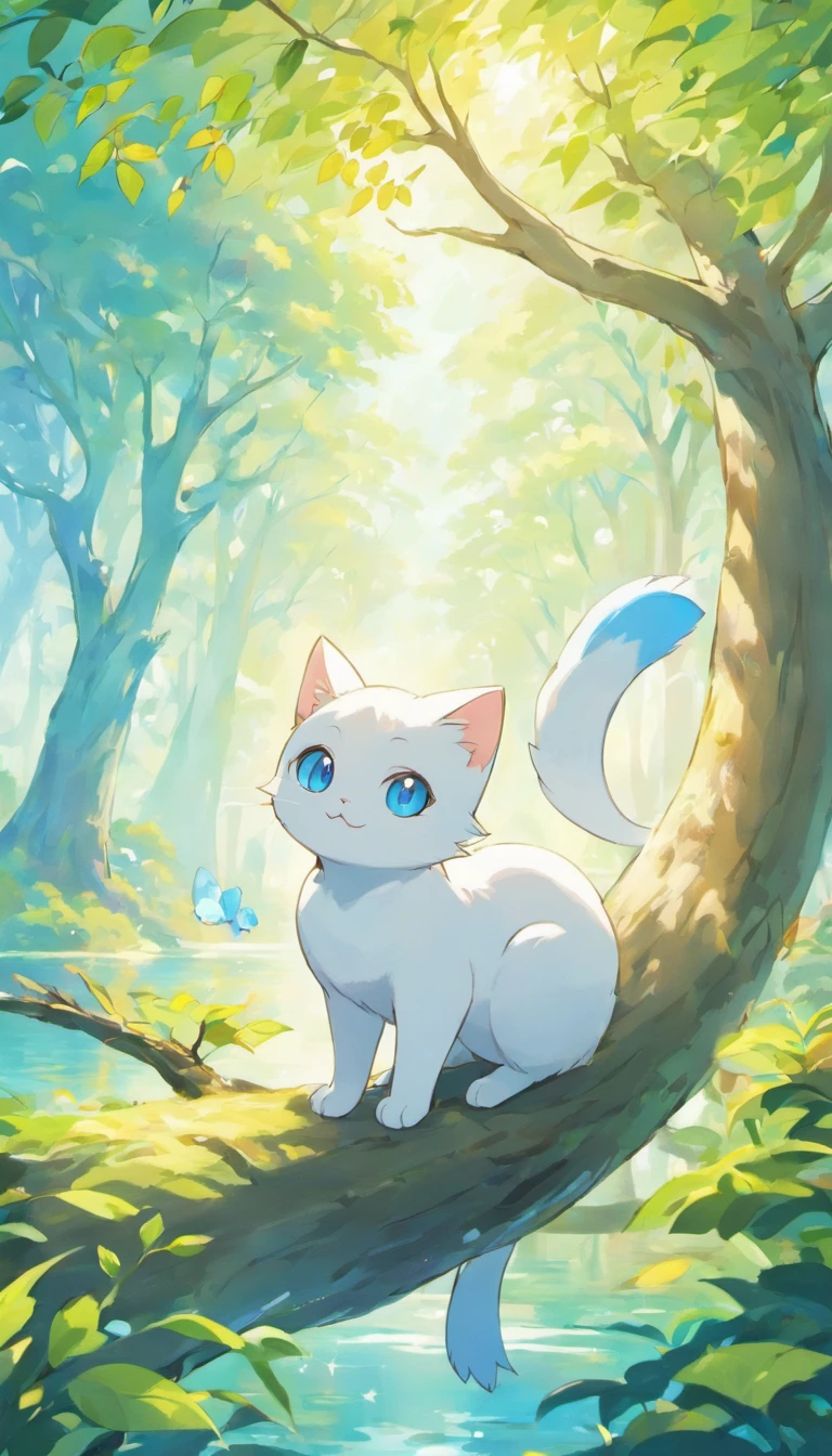 White cat、Blue eyes、Inside a fantastic forest with a large lake in the background、Elegance、narrow her eyes、Fantastical、hali々and has、Condescending、On the branches of trees