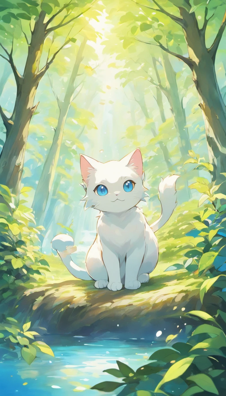 White cat、Blue eyes、Inside a fantastic forest with a large lake in the background、Elegance、narrow her eyes、Fantastical、hali々and has、Condescending、On the branches of trees