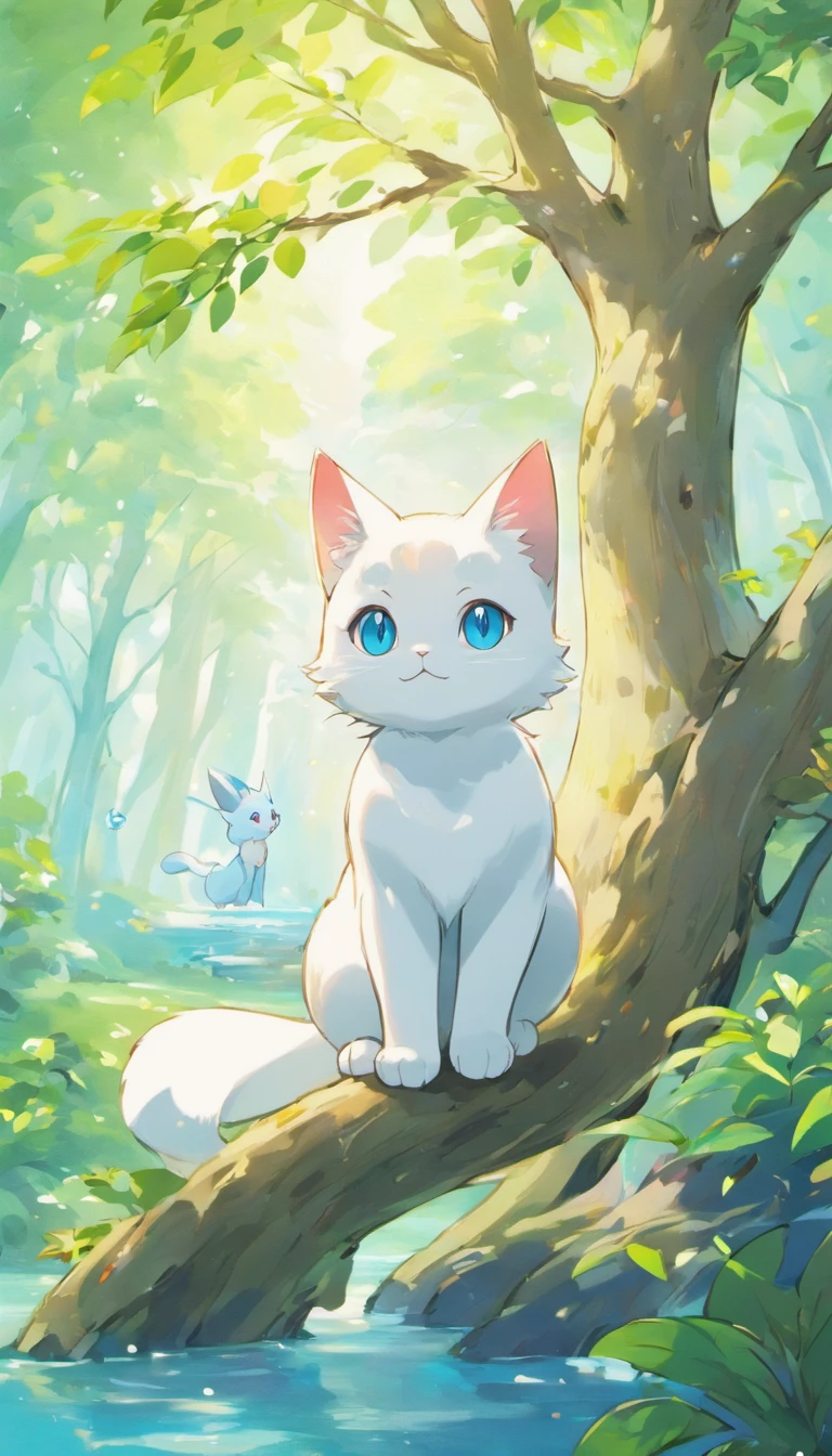 White cat、Blue eyes、Inside a fantastic forest with a large lake in the background、Elegance、narrow her eyes、Fantastical、hali々and has、Condescending、On the branches of trees