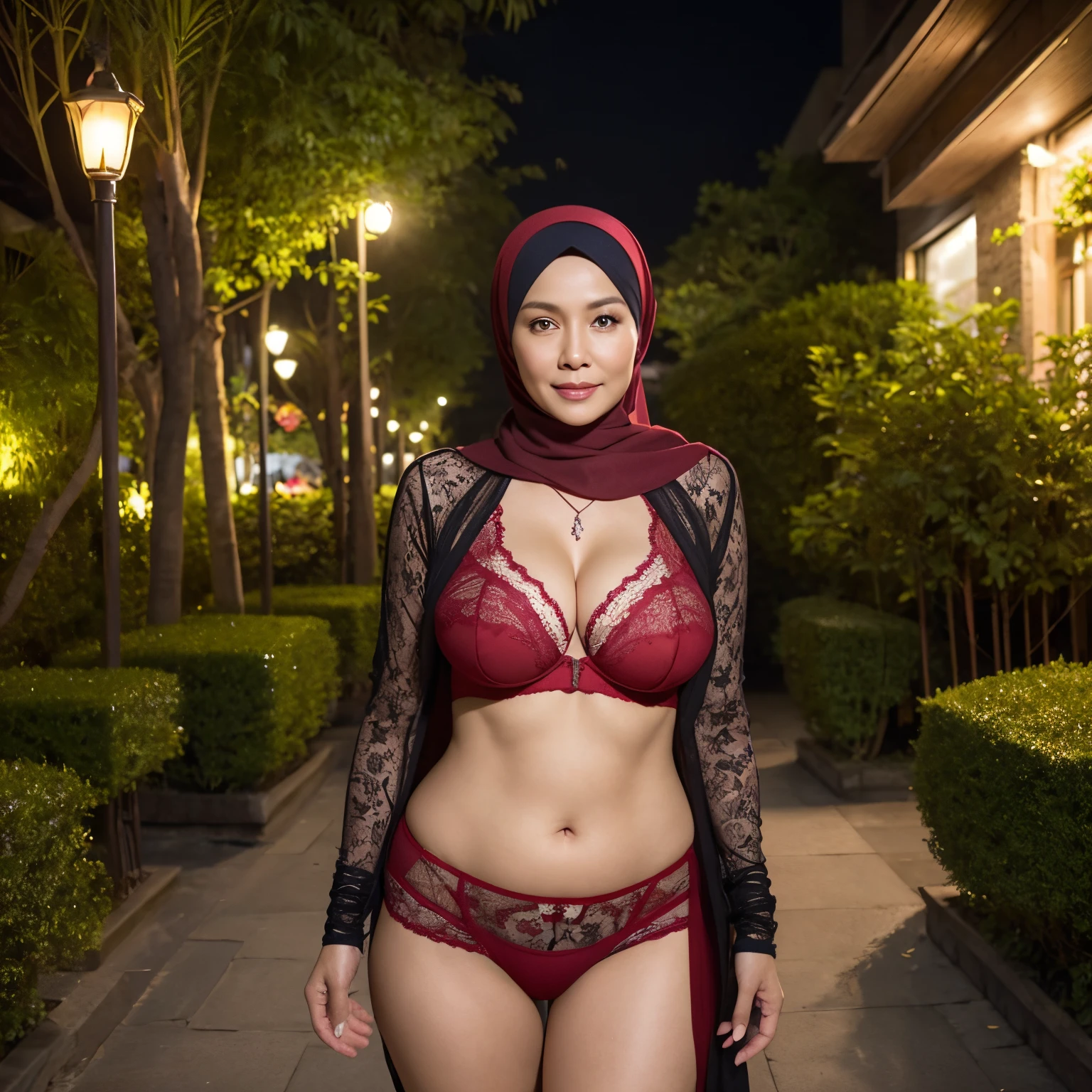 55 Years old, Indonesian mature woman, wearing Wide Hijab, perfect curvy body, natural Huge breast : 46.9, gorgeous eyes, Soft smile, wear a red lace bra and a tight transparent legging, necklace, hairband, Alluring Face, Erotic pose, Nightime walk, City garden, Excellent lighting, Dark colors, Clean lines