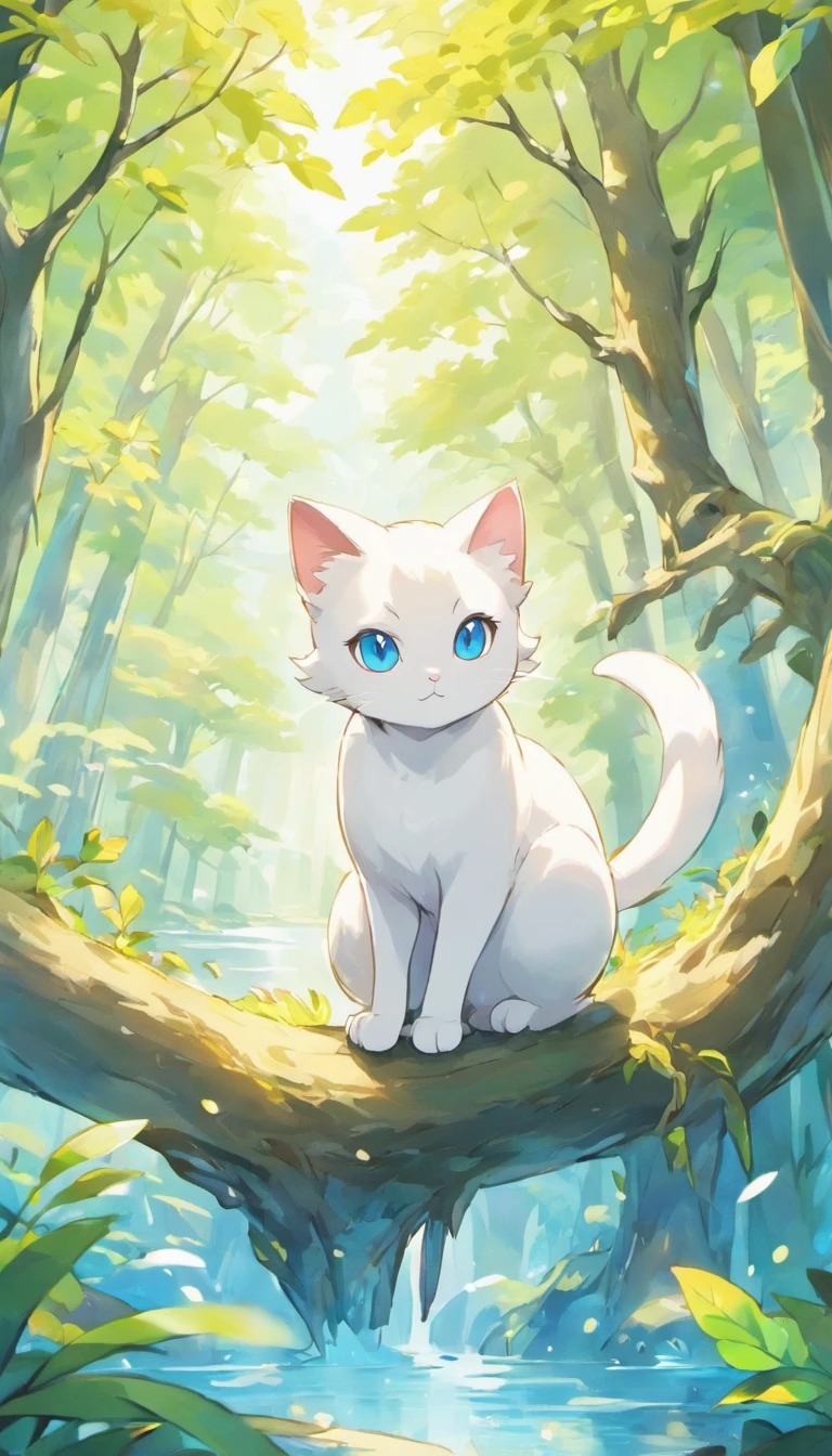 White cat、Blue eyes、Inside a fantastic forest with a large lake in the background、Elegance、narrow her eyes、Fantastical、hali々and has、Condescending、On the branches of trees