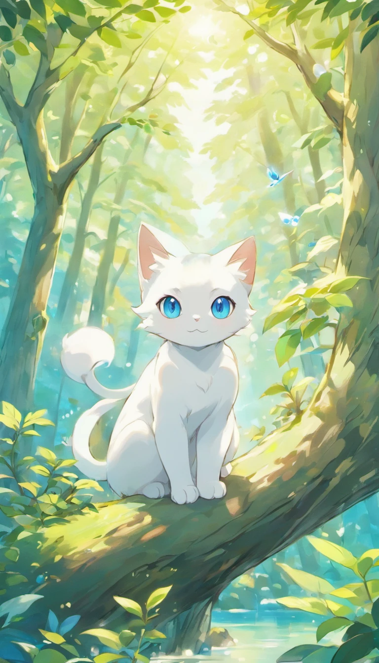 White cat、Blue eyes、Inside a fantastic forest with a large lake in the background、Elegance、narrow her eyes、Fantastical、hali々and has、Condescending、On the branches of trees