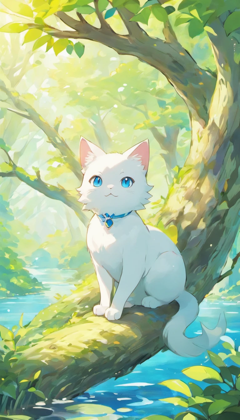 White cat、Blue eyes、Inside a fantastic forest with a large lake in the background、Elegance、narrow her eyes、Fantastical、hali々and has、Condescending、On the branches of trees
