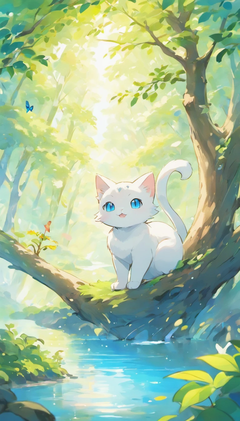 White cat、Blue eyes、Inside a fantastic forest with a large lake in the background、Elegance、narrow her eyes、Fantastical、hali々and has、Condescending、On the branches of trees