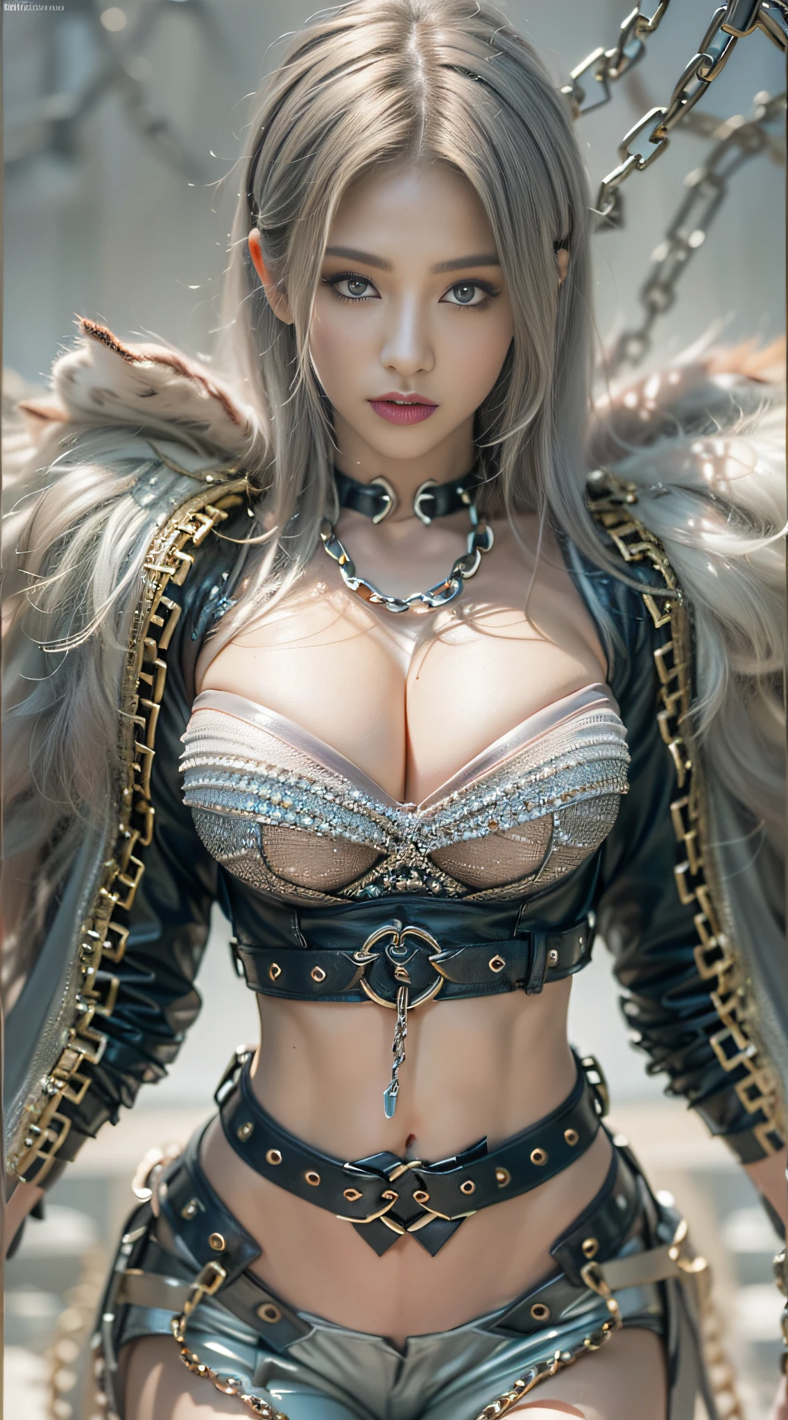 (spread their legs)、Ultra-detailed 8K CG、BDSM、Bigchest、Perfect female body, (dressed in a slave's bra with chains), ((breasts covered by sexy chainmail:1.19)), ((bondage made of chains)), (leather shorts:1.22), ((Hyperrealism:1.3)), (depth of field), (focus sharpness:1.2), (1 European hot girl, 20 years old), with a perfect body, (perfect proportions), (((anatomically correct))), accurate textured skin, (extremely beautiful face, beautiful lips, beautiful eyes), intricate detail face, ((ultra detailed skin)), ((masterpiece (makeup:1.2), [[pink lipstick]], eyeliner)), ((Ultra quality, natural, fluffy platinium hair, medium length ((asymmetric hair, extremely detailed)), Whitens skin, slim face, beautiful cheekbones, slim belly, (narrow waist:1.1), small ass, (slim well-muscled body), (large full breasts:1.8), Underground room、(fastening restraints)、Ecstatic look, Very detailed face and skin textures, (hdr:1.7), (muted colors:1.8), hyper detailed, dramatic light, (intricate details:1.4)