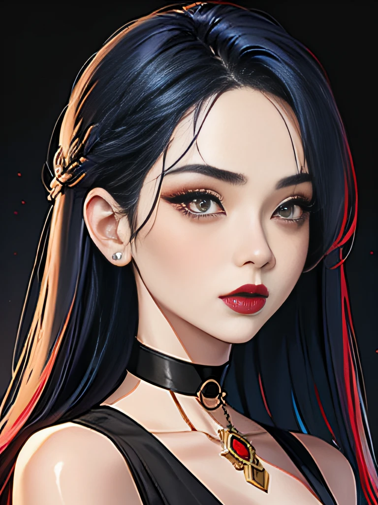 1 girl, 独奏, jewely, blue hairs, choker necklace, Redlip, blue long hair, red pink lipstick, cosmetics, Upper part of the body, close your mouth, Black dress,A little cleavage, 鎖骨, a skirt,Black Themes,bad-girl,glistning skin,(a sweet woman),Chic, Stylized, nvinkpunk face closeup portrait (((inquirer))), smooth soft skin,Black pupils, big beatiful eyes, Beautiful and sophisticated hair dye, Symmetrical, gentlesoftlighting, Detailed faces, Shen Haicheng, author:Stanley Artejem Liu, ample, Ross Drawing, concept-art, digitial painting, looking up at camera