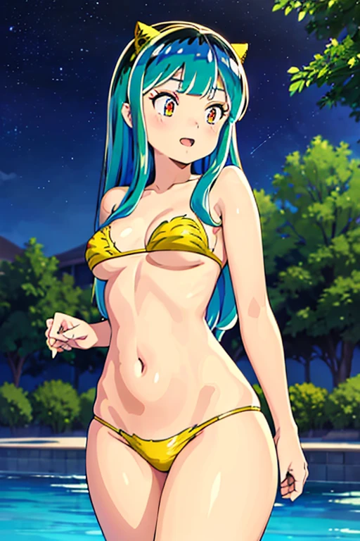 lum, (Best Quality, masutepiece), 1girl in, Intricate details, beautifull detailed face, (Minimum Micro Bikini:1.2), See-through, Looking at Viewer, Night Pool, blush, Open mouth, Black hair, Medium Hair, Blunt bangs, Happy, Standing, Cowboy Shot,
