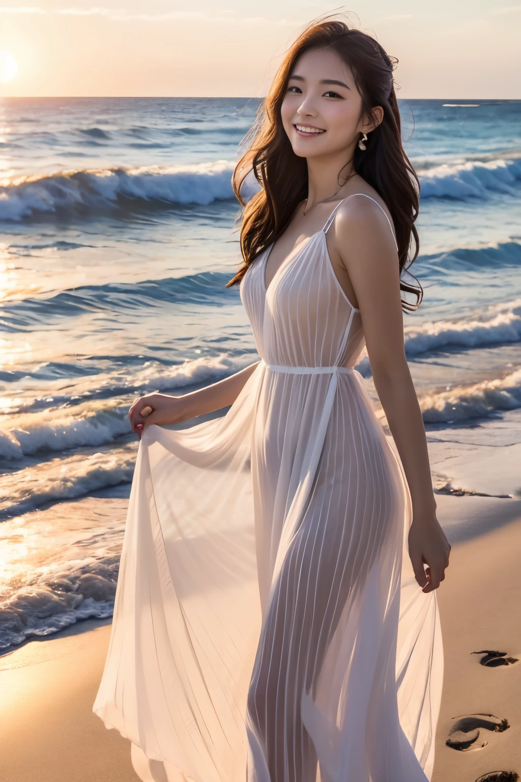 （top-quality、8K、32K、​masterpiece,)Beautuful Women、On the beach, evening、Walking、Taking a walk、See-through long dress、Looks happy、beautiful sunset sea、Looking at the sea、Shot from the side