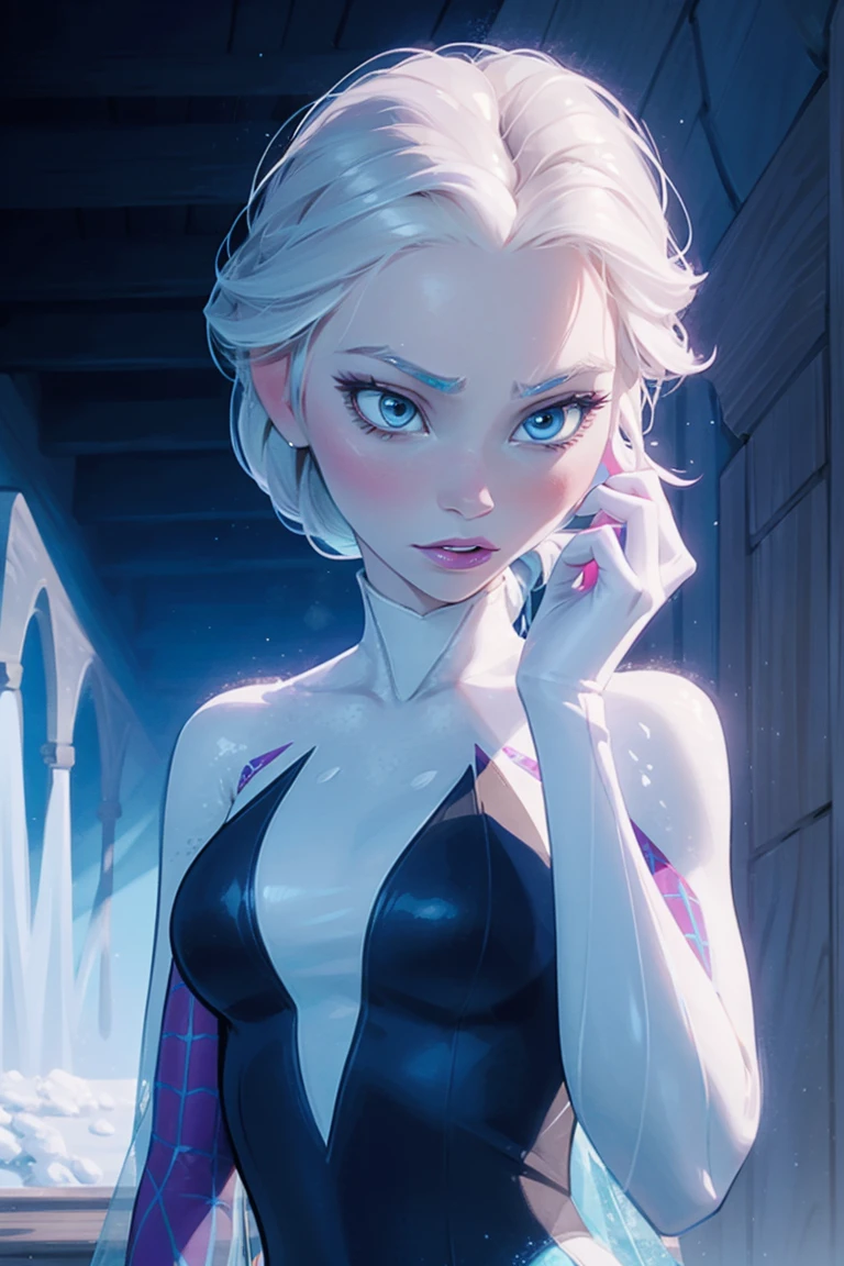 Elsa of arendelle wearing Spidergwen costume,  Spidergwen costume, upper body, blue icey costume, braid, human, Elsa of arendelle, Disney FROZEN, Elsa (Frozen), no bangs, clear hair