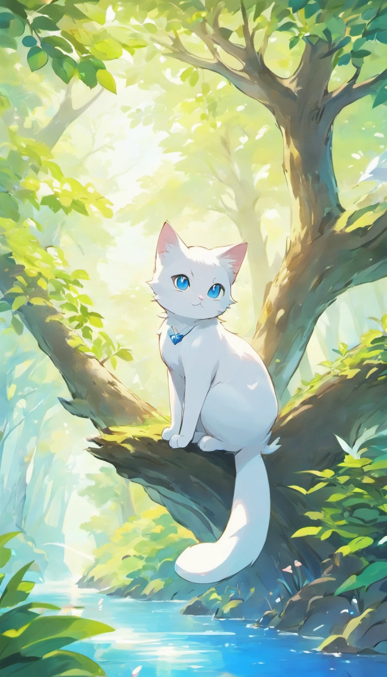 White cat、Blue eyes、Inside a fantastic forest with a large lake in the background、Elegance、narrow her eyes、Fantastical、hali々and has、Condescending、On the branches of trees