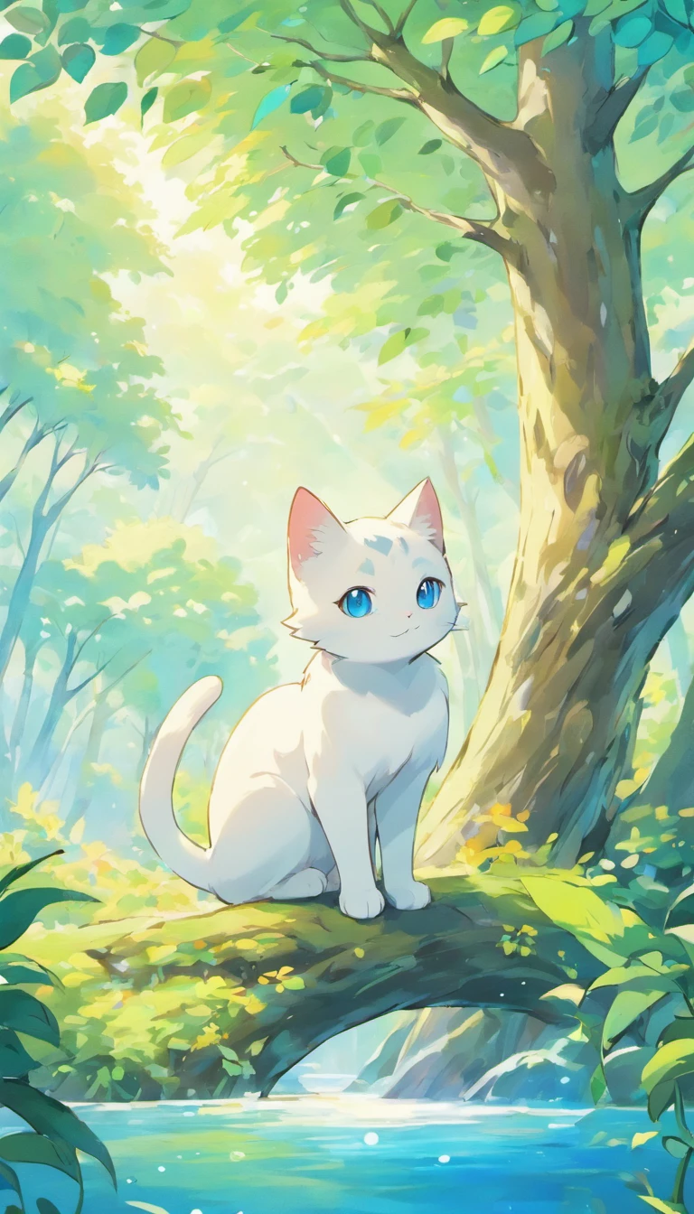 White cat、Blue eyes、Inside a fantastic forest with a large lake in the background、Elegance、narrow her eyes、Fantastical、hali々and has、Condescending、On the branches of trees