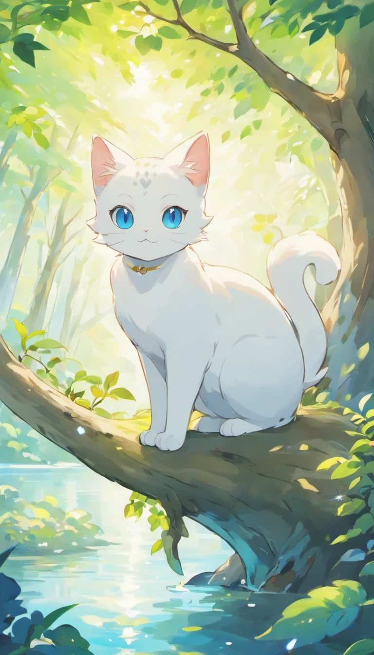 White cat、Blue eyes、Inside a fantastic forest with a large lake in the background、Elegance、narrow her eyes、Fantastical、hali々and has、Condescending、On the branches of trees