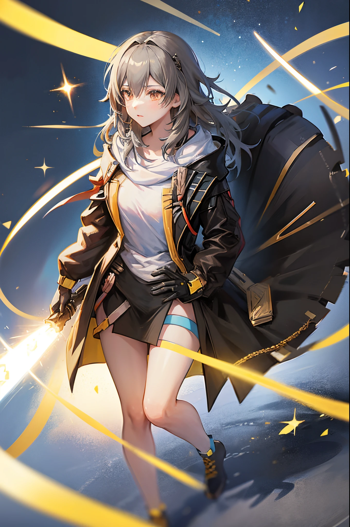 Anime girl with black coat and fly in Galaxy, from girls frontline, girls frontline style, rogue anime girl, female protagonist, female action anime girl, girls frontline