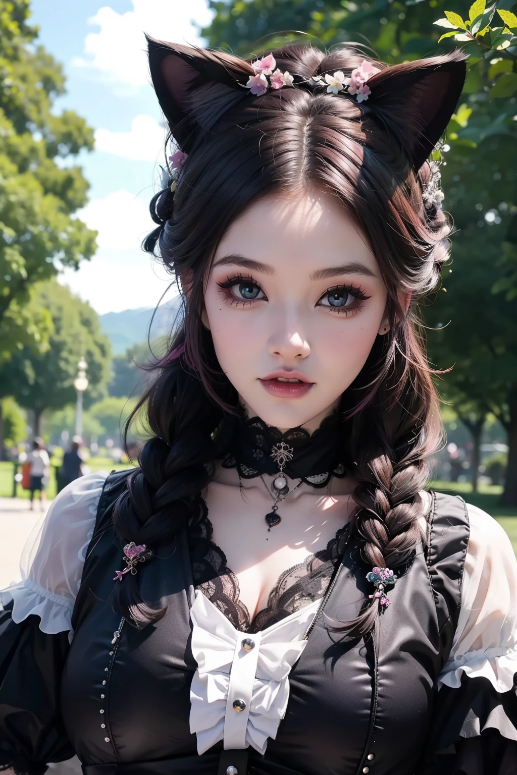 En un hermoso parque una mujer de aspecto moderno. It has a very colorful and striking kawaii gothic style.., con un maquillaje elegante y una peluca colorida. (Strange Cat)