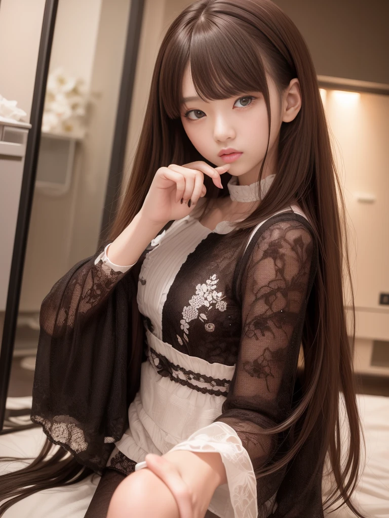 best quality, ultra-detailed, realistic, black long hair girl, white nightgown, asian girl, beautiful detailed eyes, beautiful detailed lips, warm light, using ipad, not facing camera, white cat beside