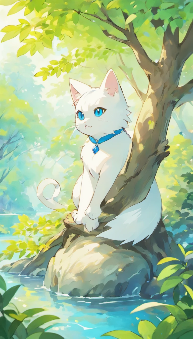 White cat、Blue eyes、Inside a fantastic forest with a large lake in the background、Elegance、narrow her eyes、Fantastical、hali々and has、Condescending、On the branches of trees