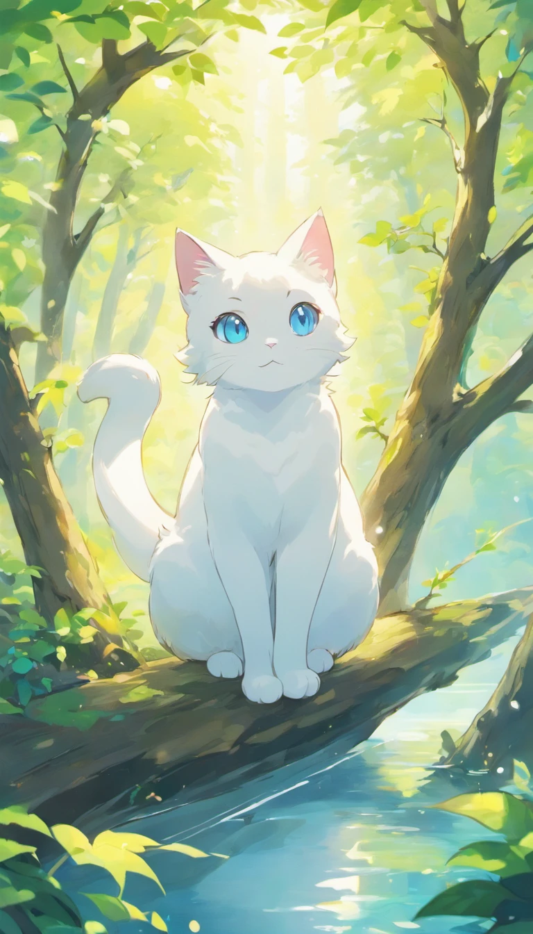 White cat、Blue eyes、Inside a fantastic forest with a large lake in the background、Elegance、narrow her eyes、Fantastical、hali々and has、Condescending、On the branches of trees
