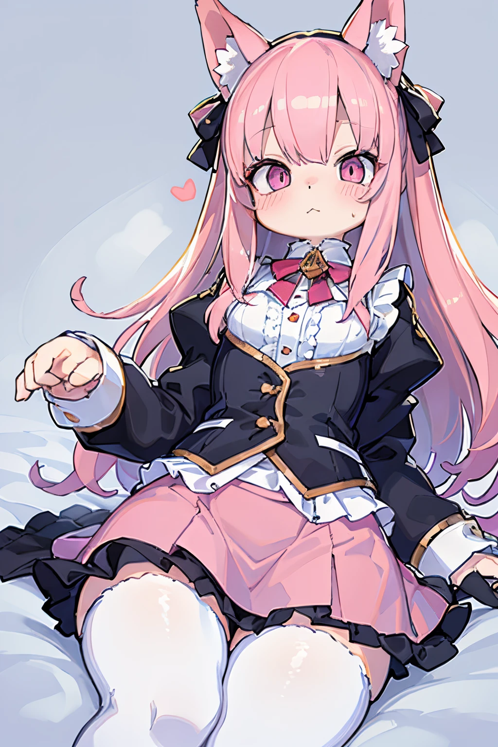 masterpiece, Top quality, Ultra high definition, Maximum resolution, Very detailed,cute girl, cat ears, soft pink hair, soft face, paw beans stocking, cute skirt, slightly showing feet,