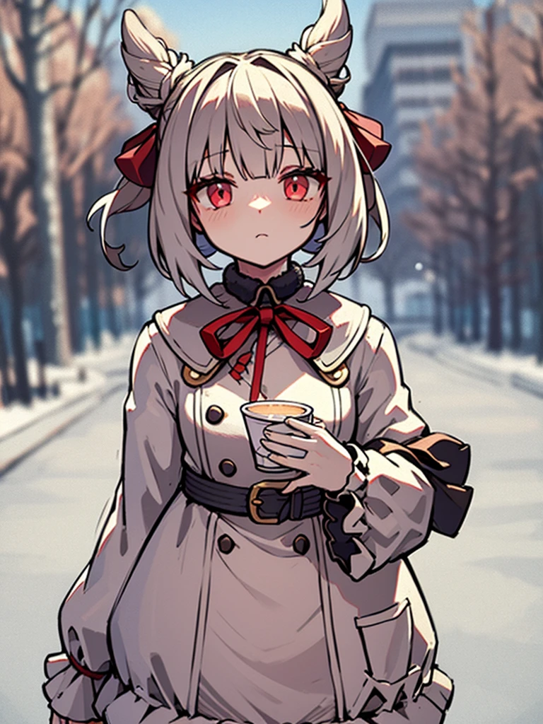 (masterpiece), (best quality), (highly detailed), 1girl, solo, red eyes, holding, disposable cup, looking at viewer, holding cup, outdoors, snow, long sleeves, bangs, cup, coffee cup, tree, closed mouth, bare tree, fur trim, hair between eyes, ribbon, open clothes, bag, winter, black ribbon, snowing, grey hair, coat, hair ribbon, hair bun, upper body, jacket, sidelocks, blush, fur collar