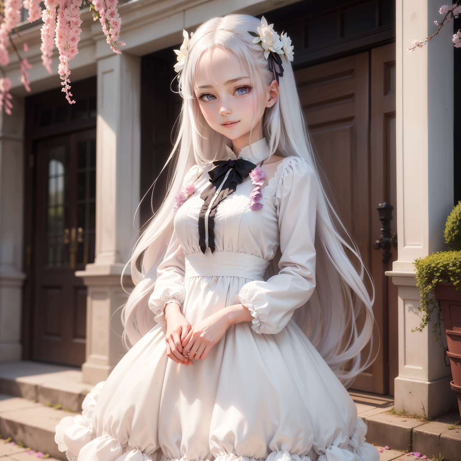 masutepiece, Superb Piece, Daytime, plein air, Falling flowers, White Dress, 1 girl, A perfect woman, Woman with silver and white long hair, gray blue eyes, pale pink lips, Cold, Serious, Bang, Purple eyes, White clothes, black closing line, Delicate face, Exquisiteface, Standing Bow, tassels, Happiness knot, Smile