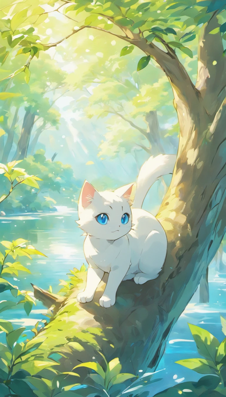 White cat、Blue eyes、Inside a fantastic forest with a large lake in the background、Elegance、narrow her eyes、Fantastical、hali々and has、Condescending、On the branches of trees