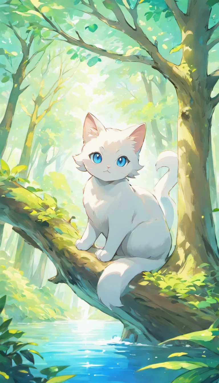 White cat、Blue eyes、Inside a fantastic forest with a large lake in the background、Elegance、narrow her eyes、Fantastical、hali々and has、Condescending、On the branches of trees
