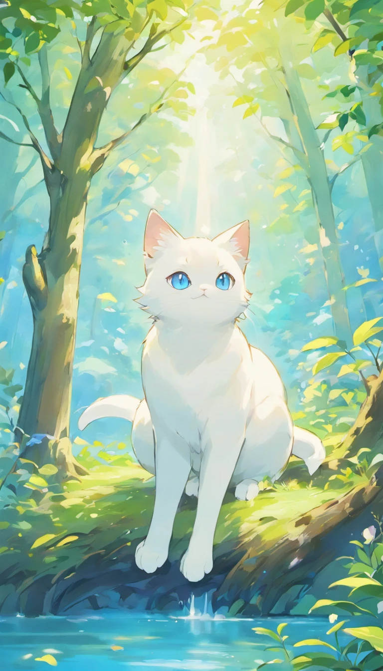 White cat、Blue eyes、Inside a fantastic forest with a large lake in the background、Elegance、narrow her eyes、Fantastical、hali々and has、Condescending、On the branches of trees