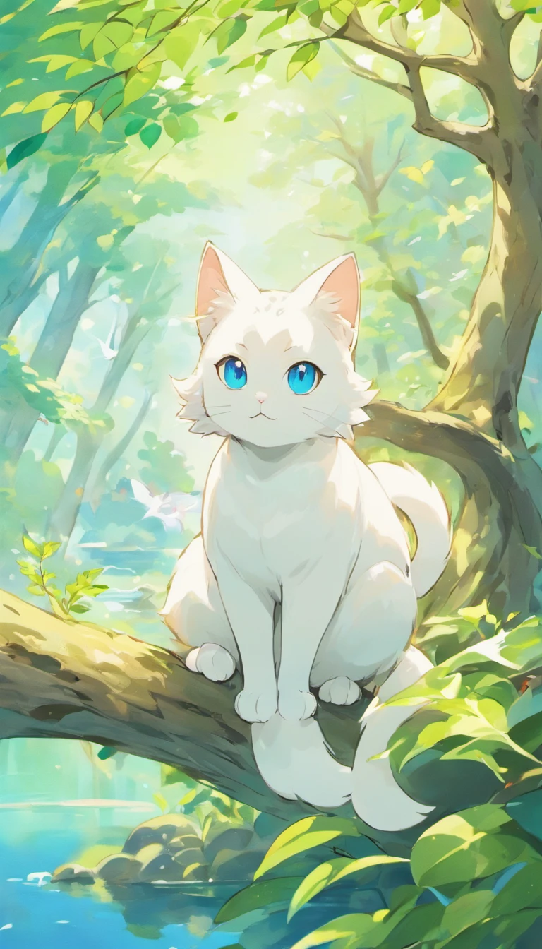 White cat、Blue eyes、Inside a fantastic forest with a large lake in the background、Elegance、narrow her eyes、Fantastical、hali々and has、Condescending、On the branches of trees