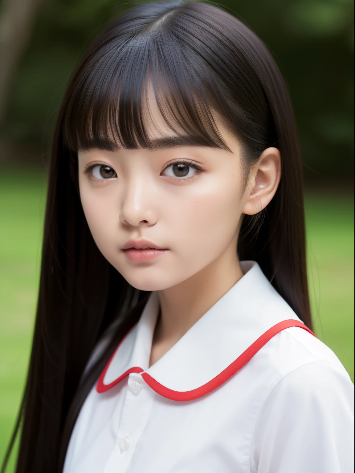 (top-quality、masterpiece)、Neat and clean schoolgirl、petite person、13yo girl、Ponytail with black hair、Blouse with white collar、Red checked miniskirt、white panties、beauitful face、(slim, Small, Flat, Small)、Detailed eyes、Black eyes、Double eyelids、outside of house、the wind、shinny skin、blurry backround、