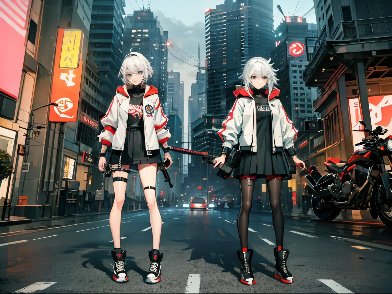cyberpunked、girl with2a person、mechanic、comical、Anime style、white hair、motor bikes、leather jackets、punk coloring、sity、nightcity、Street、doodle、parka、Mature、Tall Woman、Military、long boots、missiles、natta、Twosome、teammate
