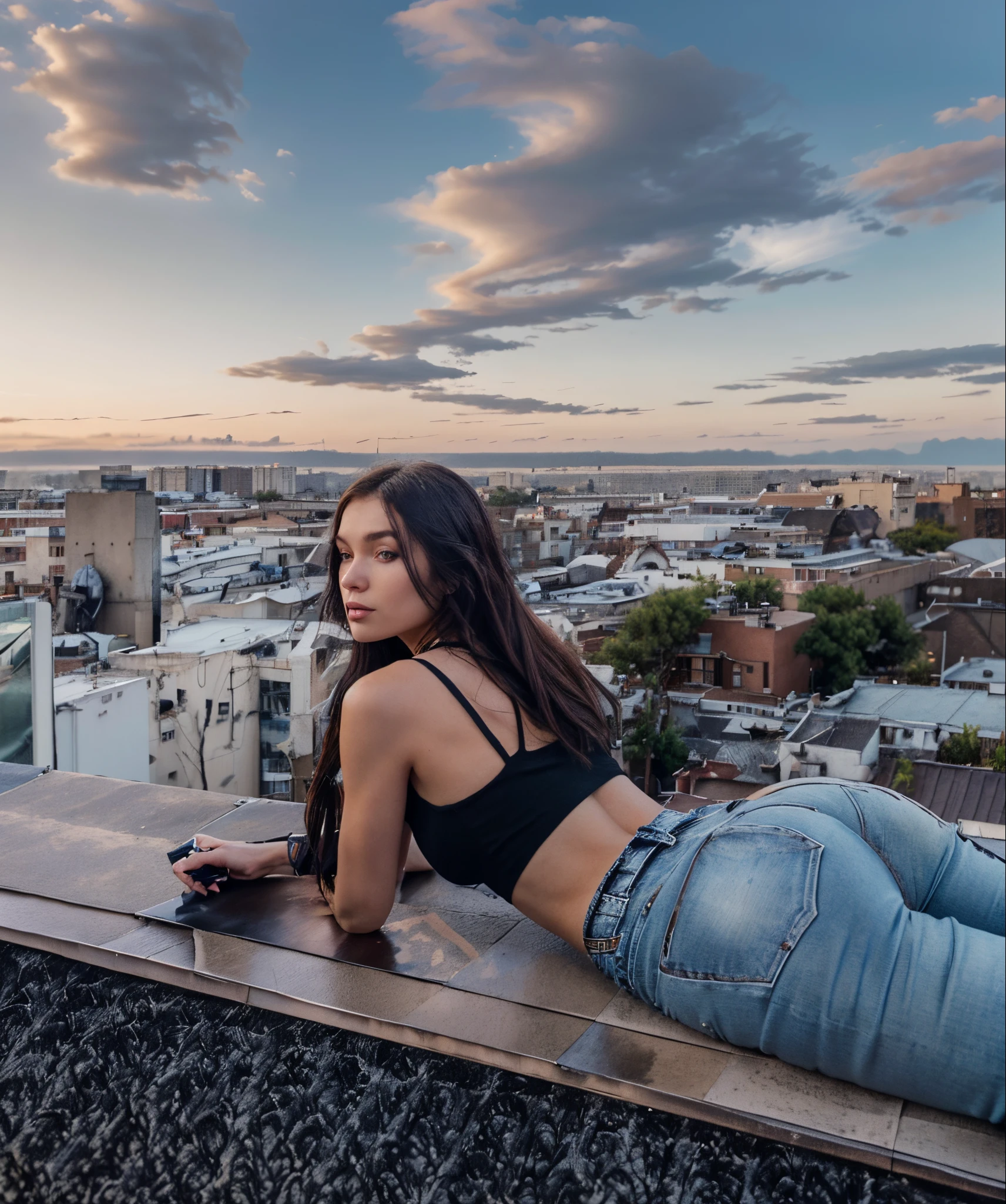 araffe woman in black top and jeans laying on a ledge, sits on a rooftop, girl sitting on a rooftop, on rooftop, on a rooftop, great view, anna nikonova aka newmilky, in a rooftop, low view, sitting on a skyscraper rooftop, instagram model, standing on a rooftop, russian girlfriend, anastasia ovchinnikova