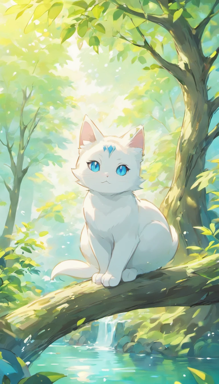 White cat、Blue eyes、Inside a fantastic forest with a large lake in the background、Elegance、narrow her eyes、Fantastical、hali々and has、Condescending、On the branches of trees