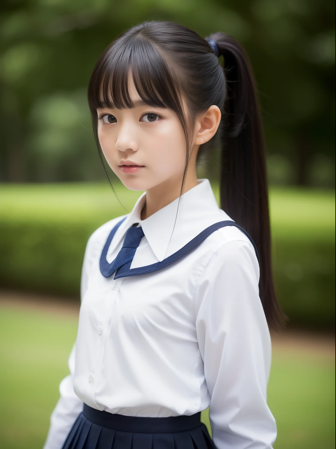 (top-quality、masterpiece)、Neat and clean girl、petiterson、13yo girlytail with black hair、Blouse with white collar、Red checked miniskirt、white panties、beauitful face、(slim, Small, Flat, Small)、Detailed eyes、Black eyes、Double eyelids、outside of house、the wind、shinny skin、blurry backround、