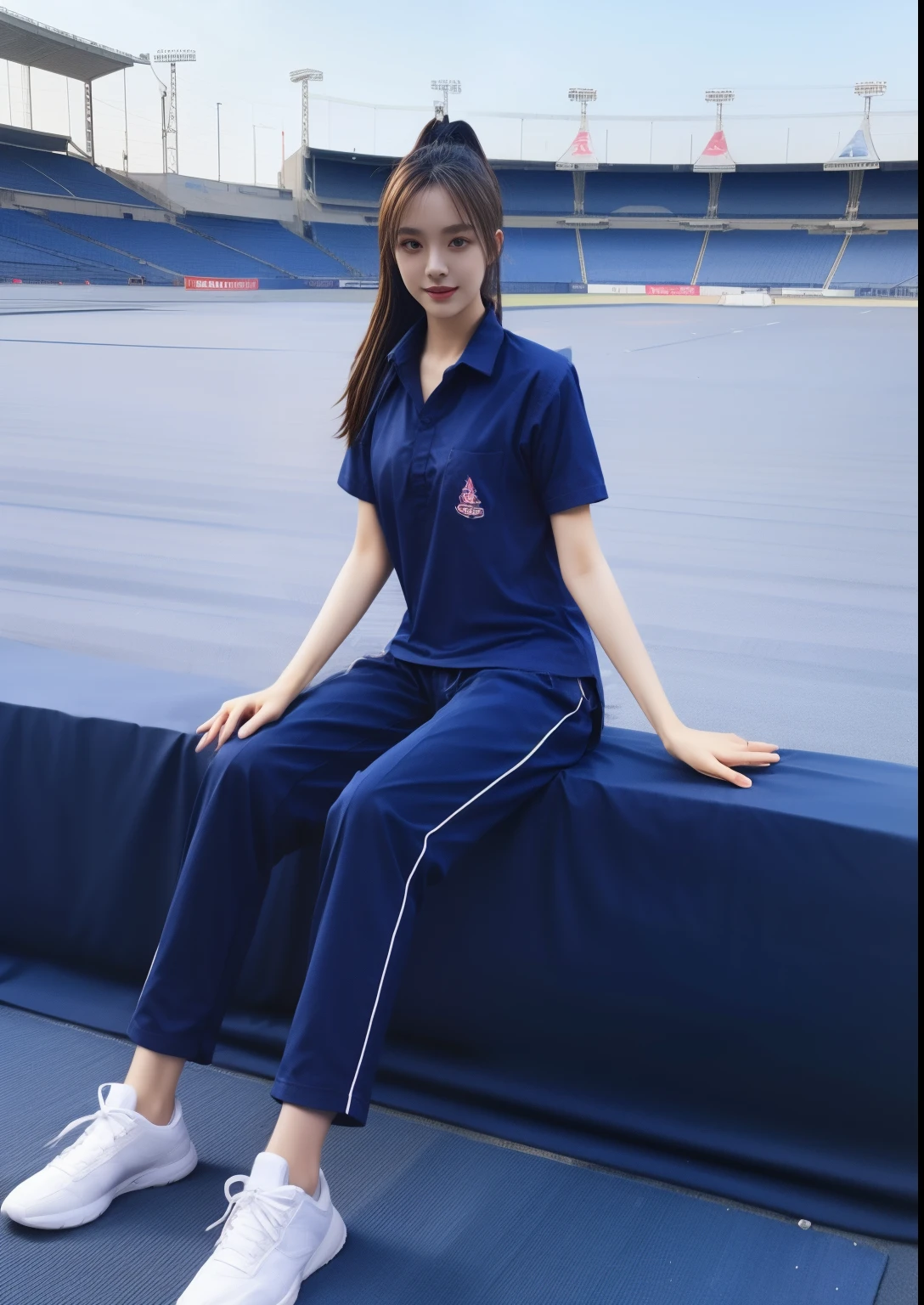 (bestquality,10,10,highres,masterpiece:1.2),ultra-detail,(Realistic,photorealistic portrait,photo-realistic:1.37),1 cute girl sitting on the football field,oily shiny skin,bara,light smile,BDclothes,((blue shirt:1.3)),short sleeves,shirt, trousers.,(navy_long_Pants Track:1.1), ((Stadium Background:1.3)),dynamic angle,excited,face focus,Dynamic Poses,from behide,Ass Focus,masterpiece, bestquality, ultra realistic, hyper-detail, 8k resolution, RAW photo, crisp focus, ((Navy blue shirt:1.1)), short sleeves, Long Path, Perfect body, 2 mature women, 18yo, cinematic light,Blue sweatpants,Gymware,Correct anatomy,Complete body, Correct body, sharp face, Anatomically correct body, full entire body, Realistic gestures, long-haired, Realistic poses,Wear long shorts......................,Long leg span,Shapely,Sculpting Girl, Slender Figure, mannequin mannequins, Shapely, Beautiful body,Blue sweatpants