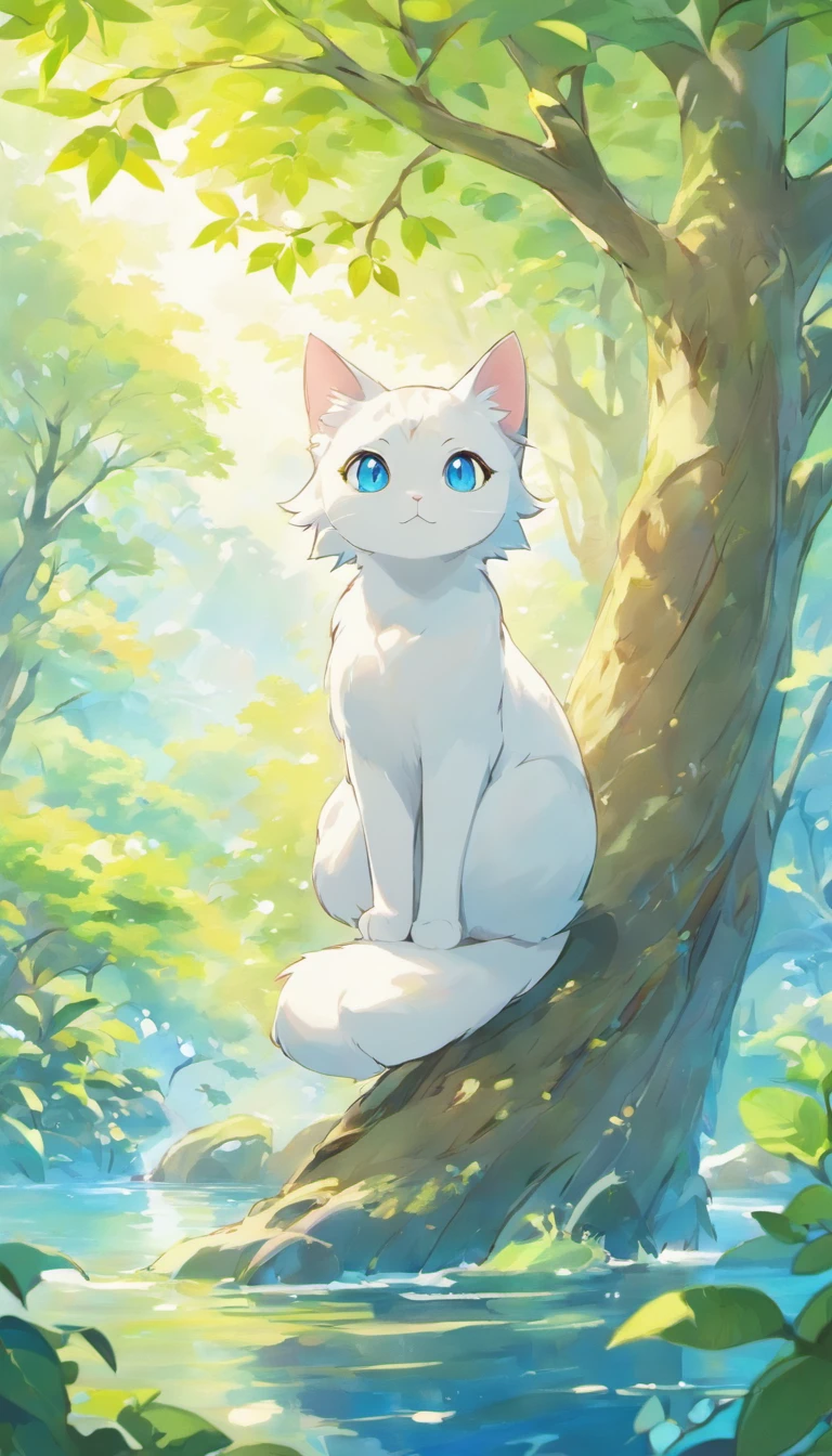 White cat、Blue eyes、sidelong glance、Inside a fantastic forest with a large lake in the background、Elegance、narrow her eyes、Fantastical、hali々and has、Condescending、On the branches of trees