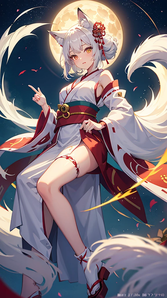 Fox Girl s girl Lori White hair big tail fluffy tail kawaii Beautiful skin Amber eyes high-level image quality hightquality wall-paper shorth hair short-cut kimono shrine maiden natta starrysky moonlights fullmoon