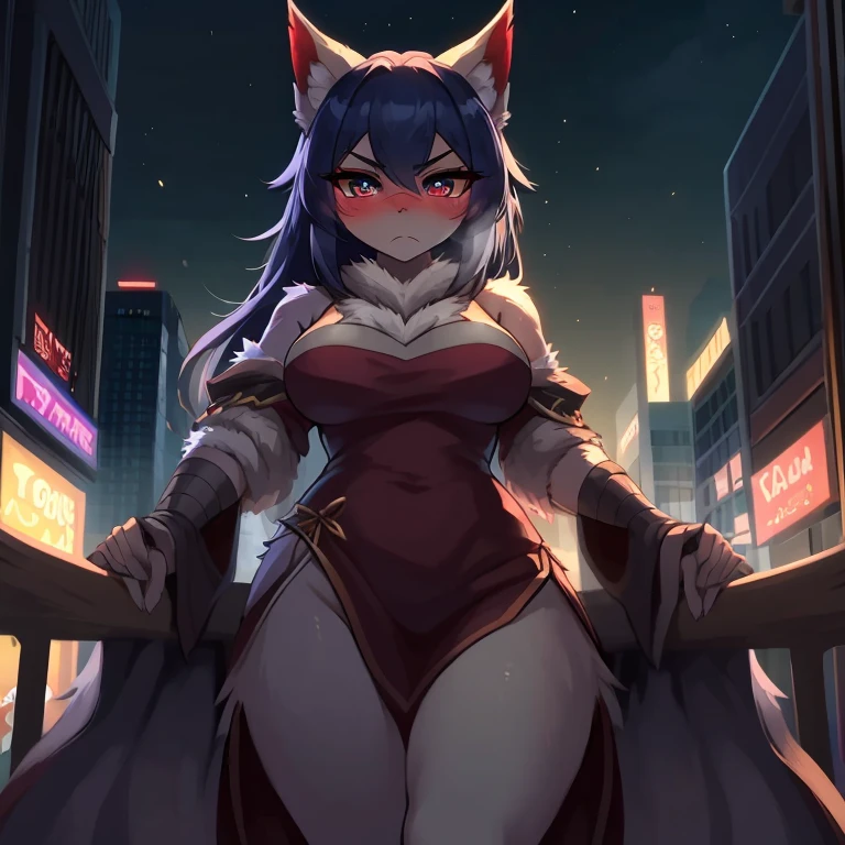 Nargacuga girl, kemono, eskimo clothing, smoking cigarette, beautiful eyes, fullbody, looking at viewer, blush, anatomically correct body, eyelashes, serious, night city background, best quality, 4k