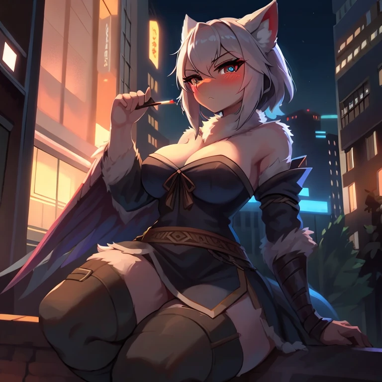 Nargacuga girl, kemono, eskimo clothing, smoking cigarette, beautiful eyes, fullbody, looking at viewer, blush, anatomically correct body, eyelashes, serious, night city background, best quality, 4k