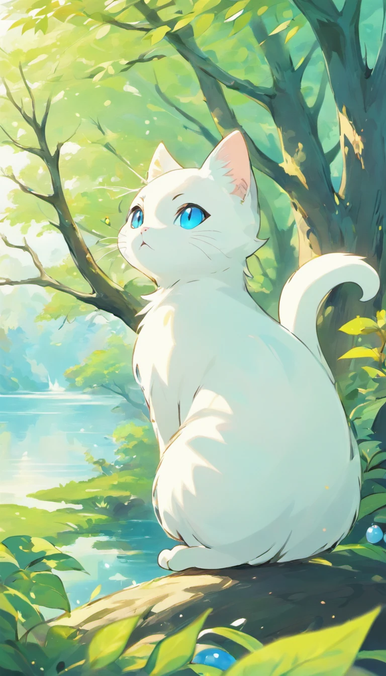 White cat、Blue eyes、sidelong glance、Inside a fantastic forest with a large lake in the background、Elegance、narrow her eyes、Fantastical、hali々and has、Condescending、On the branches of trees