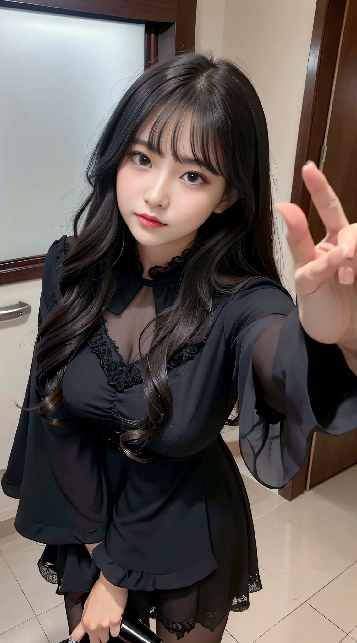 Ultra-detailed、Fascinating beauty、Dainty woman、Cool Girl、Wavy Hair、Black chiffon dress、Wide sleeves、flered skirt、Evil Female Executive、Evil Fall、brainwash、pantyhose、lacy fabric、Glossy legs、lipsticks、Evil look、Suspicious look、Hollow eyes、wicked、Reaching out、Over Head Shot、selfy