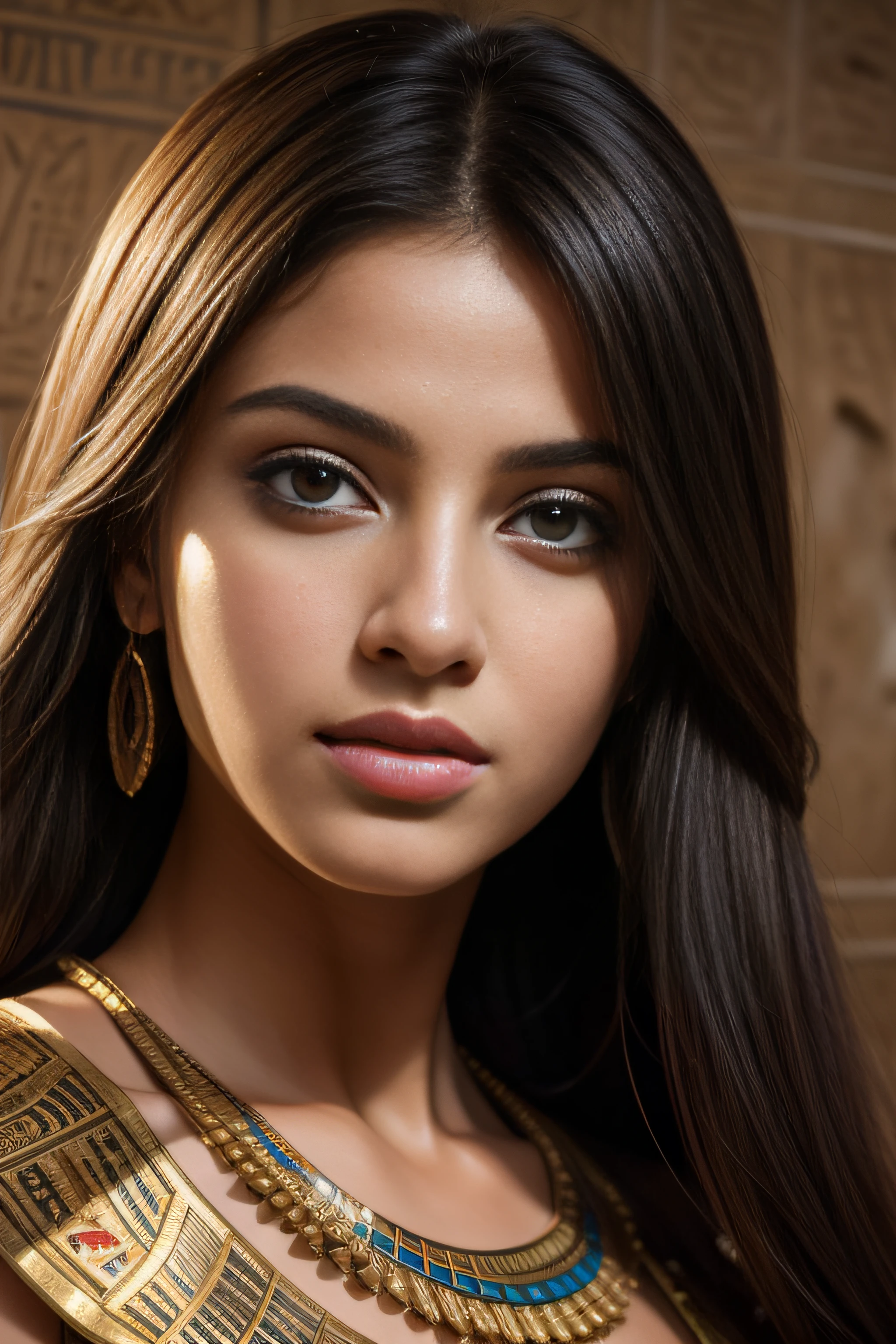 (best quality,4k,8k,highres,masterpiece:1.2),photorealistic,cinematic,ritratto of an Egyptian girl leaning against a wall with hieroglyphs and Egyptian paintings. The girl has a highly detailed face with beautiful detailed eyes and lips. The image is in maximum resolution and Ultra-HD. The lighting creates a dramatic effect, enhancing the cinematic feel of the artwork.