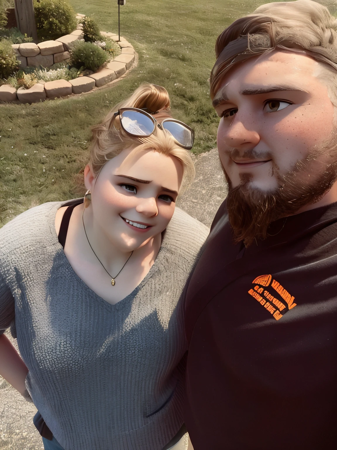 there is a man and a woman standing together in the grass, facebook post, profile pic, profile picture, millaise and greg rutkowski, profile image, profile photo, vacation photo, standing outside a house, happy couple, taken in the early 2020s, kimberly asstyn, profile picture 1024px, in front of the house