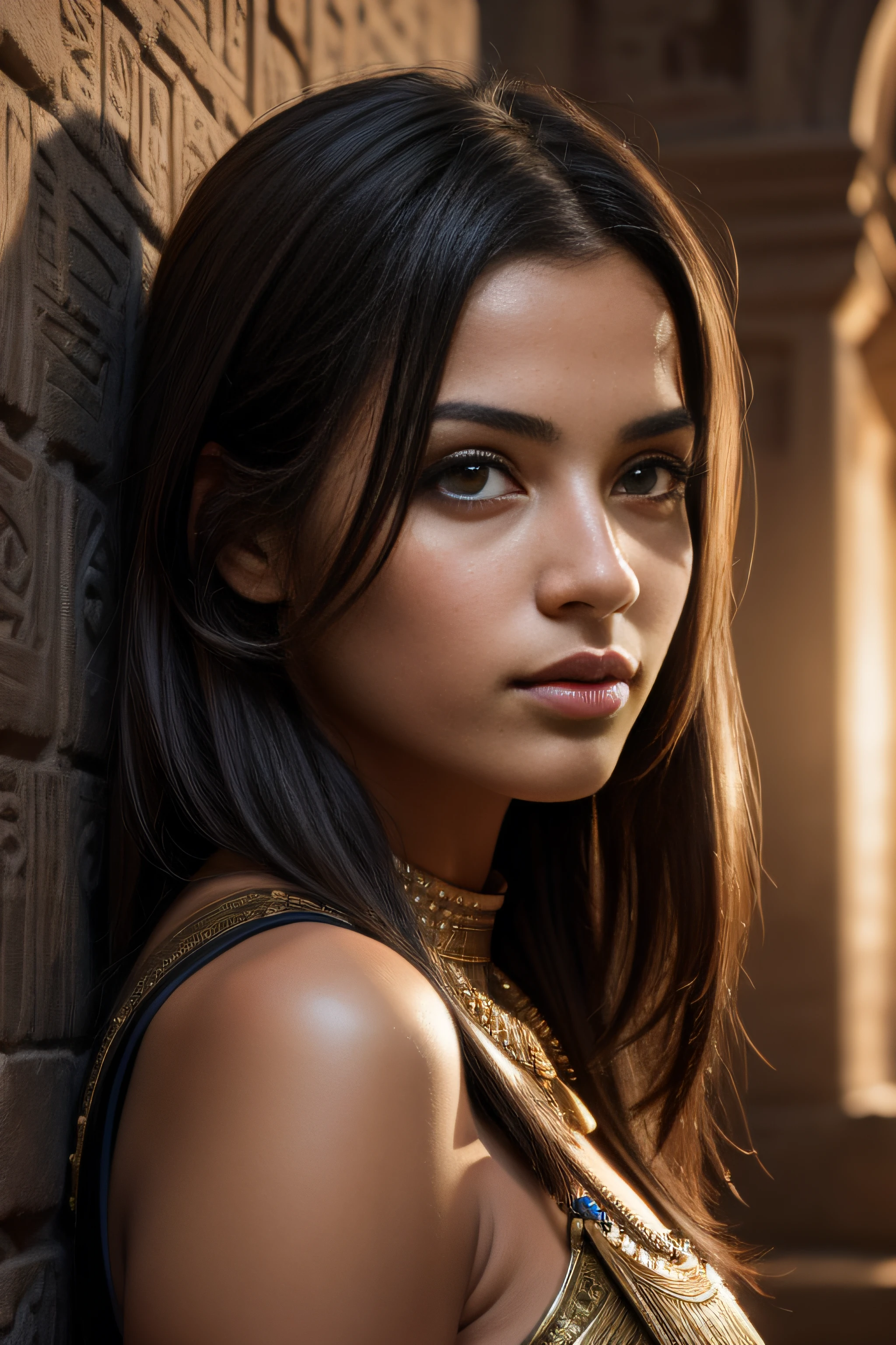 (best quality,4k,8k,highres,masterpiece:1.2),photorealistic,cinematic,ritratto of an Egyptian girl leaning against a wall with hieroglyphs and Egyptian paintings. The girl has a highly detailed face with beautiful detailed eyes and lips. The image is in maximum resolution and Ultra-HD. The lighting creates a dramatic effect, enhancing the cinematic feel of the artwork.
