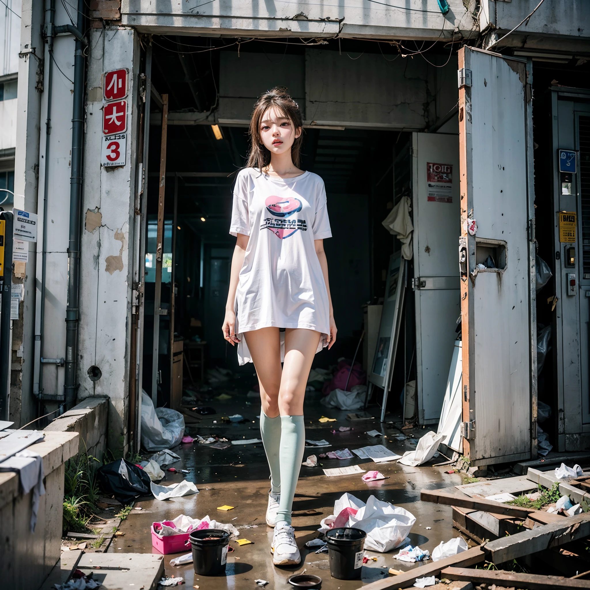 Abandoned buildings,The ground is littered with garbage,Dirty,18 years old korean beauty,Very beautiful slender legs,Random beautification,exhibitionists,Expose the genitals at will