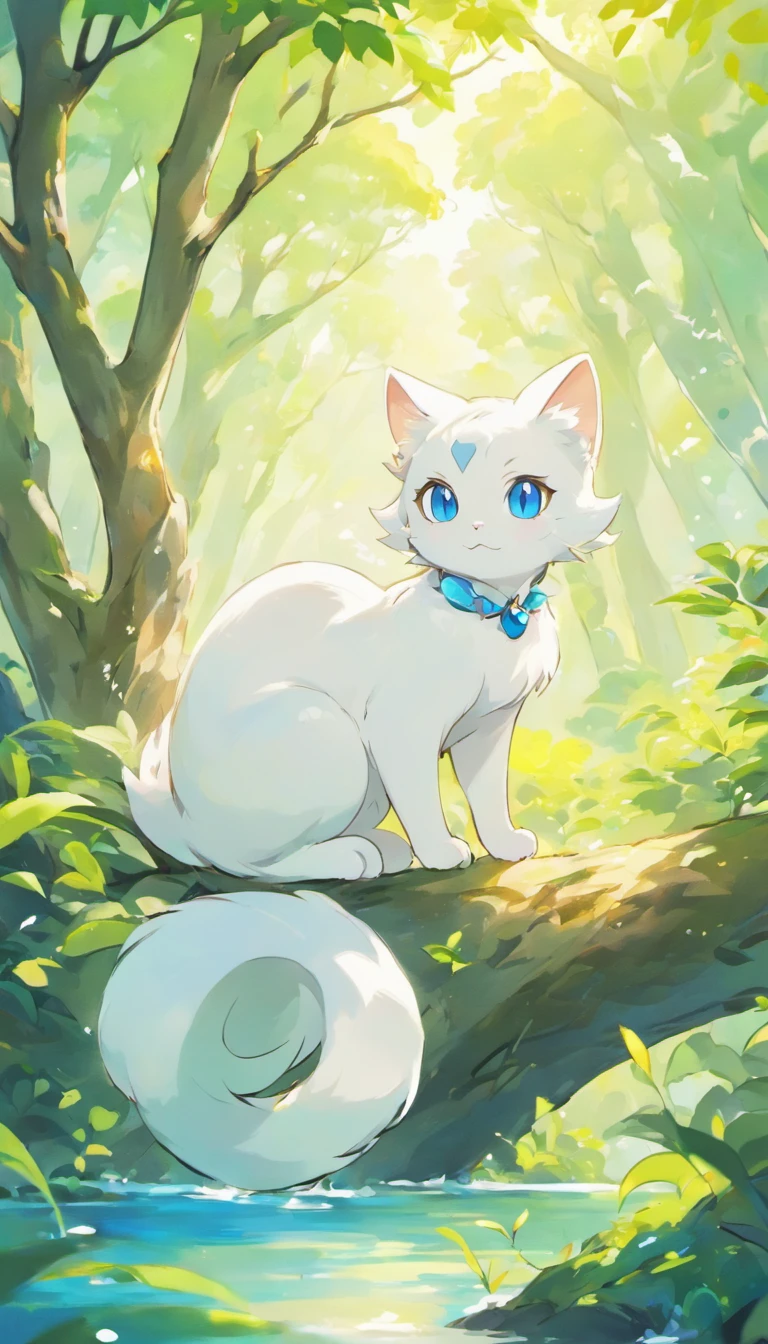 White cat、Blue eyes、sidelong glance、Inside a fantastic forest with a large lake in the background、Elegance、narrow her eyes、Fantastical、hali々and has、Condescending、On the branches of trees