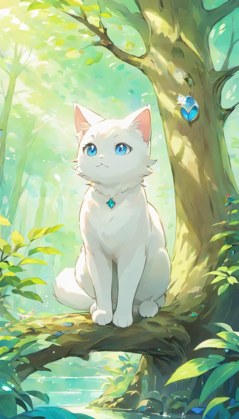 White cat、Blue eyes、sidelong glance、Inside a fantastic forest with a large lake in the background、Elegance、narrow her eyes、Fantastical、hali々and has、Condescending、On the branches of trees