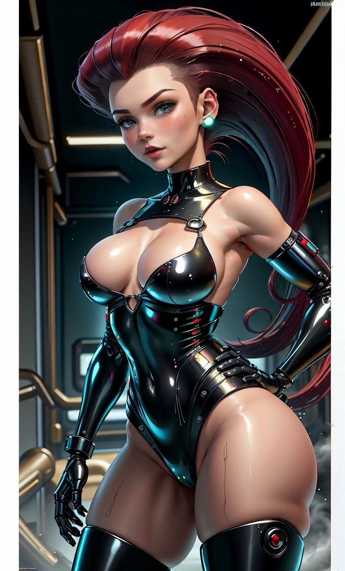 (best quality, altamente detalhado:1.3), (master part:1.3), ((Arte Oficial)), Robotic Parts, cyber girl, Rosto detalhado, beautiful face, (Olhos detalhados, olhos perfeitos, olhos profundos), (1girl:1.33, sozinho), mechanical arm prosthesis, mechanical leg prosthesis, Jessie\(Pokémon\), (cabelos muito longos, NSFW, seios grandes, cintura estreita, red hair, slicked back hair:1.2), (olhos verdes), Brincos, licking lips, foguete da equipe, equipe Rocket Outfit, Corte branco, minissaia branca, diafragma, umbigo, luvas de cotovelo pretas, coturnos pretos de salto alto, (cowboy shot:1.3)