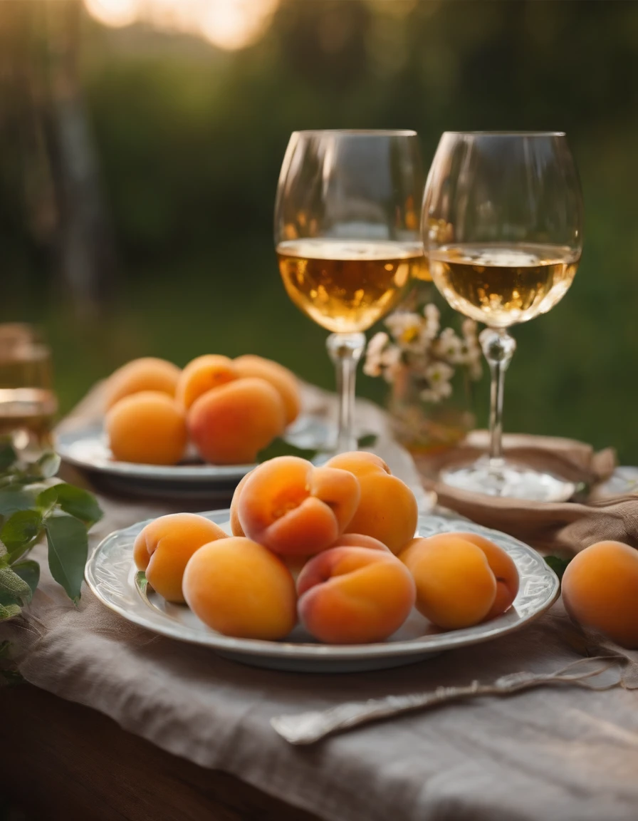 1 glass of apricot wine, some ripe apricots, 1 sprig of wild flowers, a few plates of simple food on the table