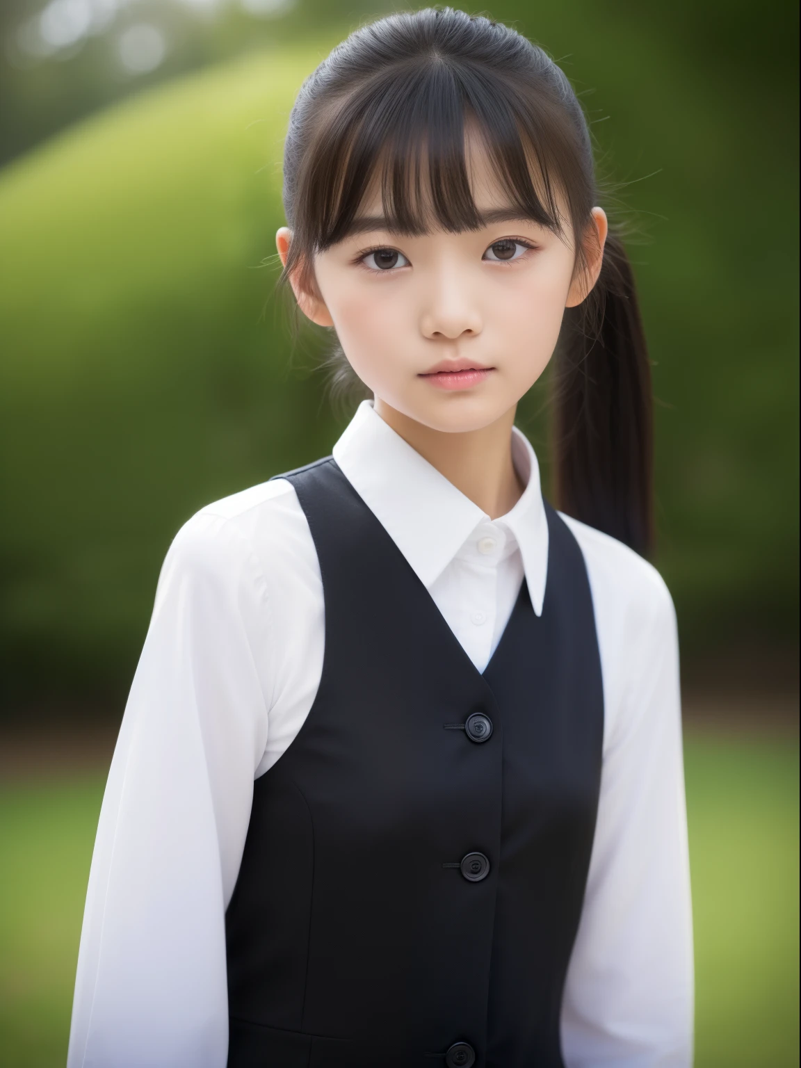 (top-quality、​masterpiece)、Neat and clean schoolgirl、petite person、13yo girl、Ponytail with black hair、Blouse with white collar、Red checked miniskirt、white  panties、beauitful face、(slim, Small, Flat, Small)、Detailed eyes、Black eyes、Double eyelids、outside of house、the wind、shinny skin、blurry backround、