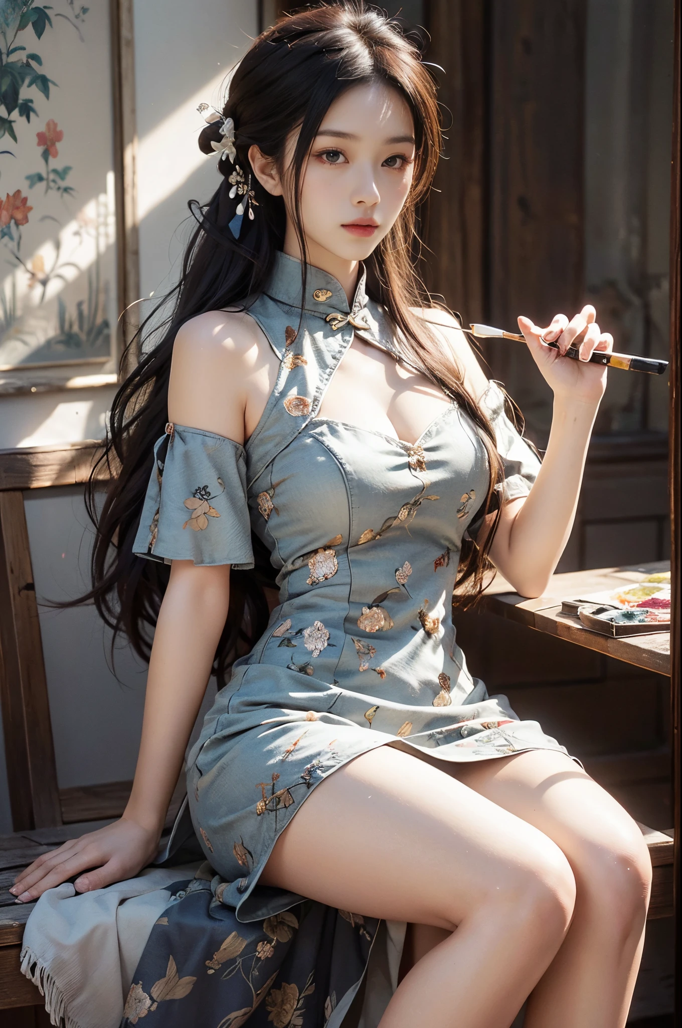 signatures, jewely,extremely detaild的 CG unified 8k wallpapers,tmasterpiece, Best quality at best, ultra - detailed, 美丽细致的眼睛:1.2,best illuminate, (The best shadow, Extremely Delicately Beautiful, full bloom),(tmasterpiece:1,2), Best quality at best, tmasterpiece, A high resolution, Original, very detailed wallpaper, perfect litthing,(extremely detremely detailed CG:1.2), painting of a, paint brushes, Sit Pose, Cross ed leg, ((from below))